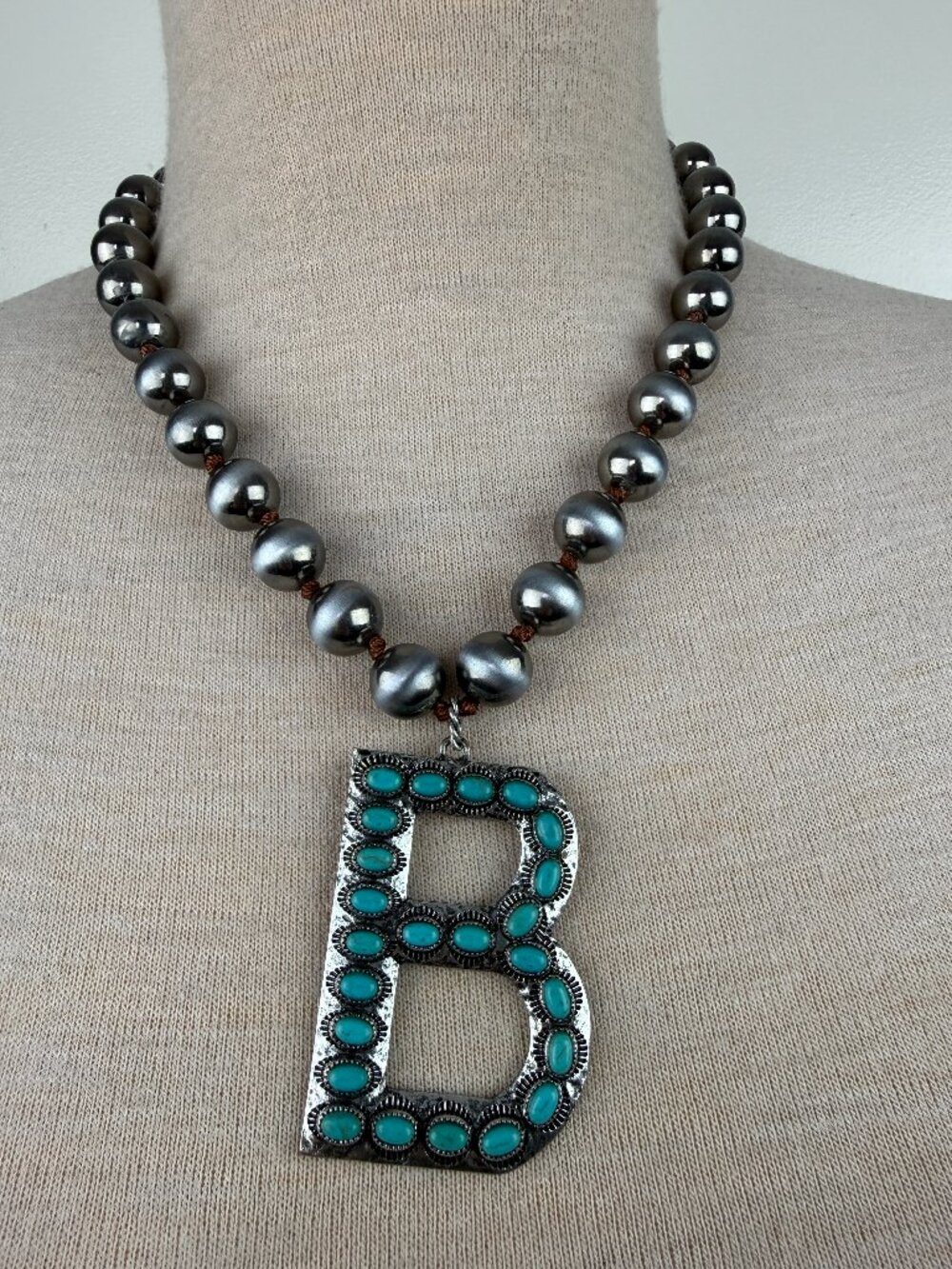 B Initial Pendant with Faux Turquoise & Gray Beads Necklace 18.75 - 22"